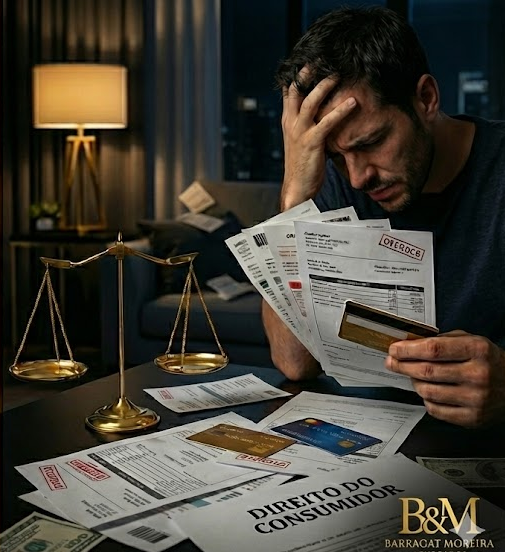 Advogado-consumidor-rj-Barragat-Moreira-1 Homem analisando boletos e cobranças indevidas, representando atendimento jurídico especializado em Direito do Consumidor no RJ.