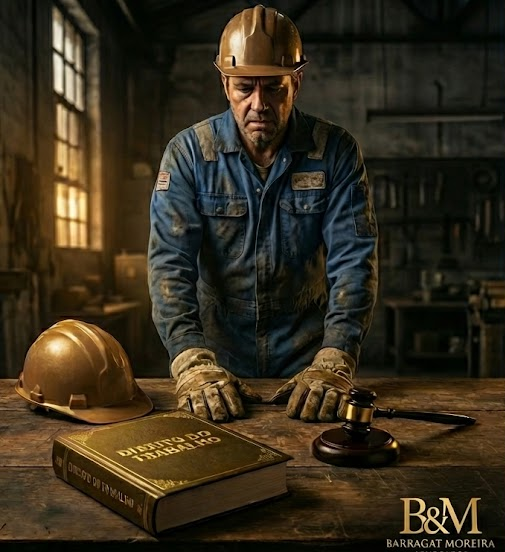 Advogado-trabalhista-rj-Barragat-Moreira-1 Trabalhador com capacete e luvas em ambiente industrial, ao lado de livro de Direito do Trabalho, representando a defesa dos direitos do trabalhador no RJ.